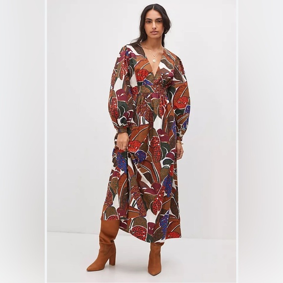 FARM Rio Dresses & Skirts - Farm Rio by Anthropologie Women’s Leaf Print Long Sleeve Dress